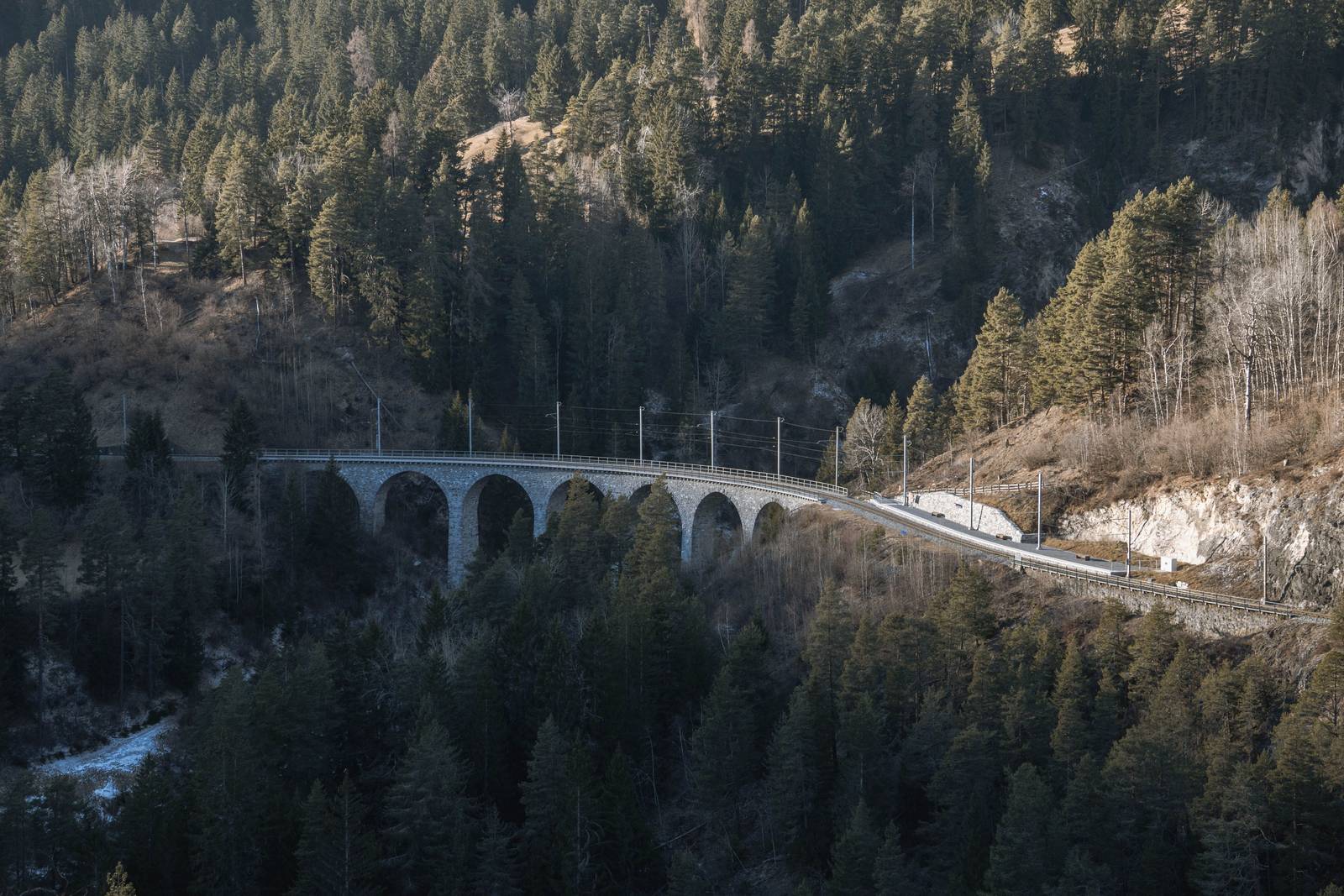 A stone railway viaduct with several arches crossing a forested mountain valley in low winter light.