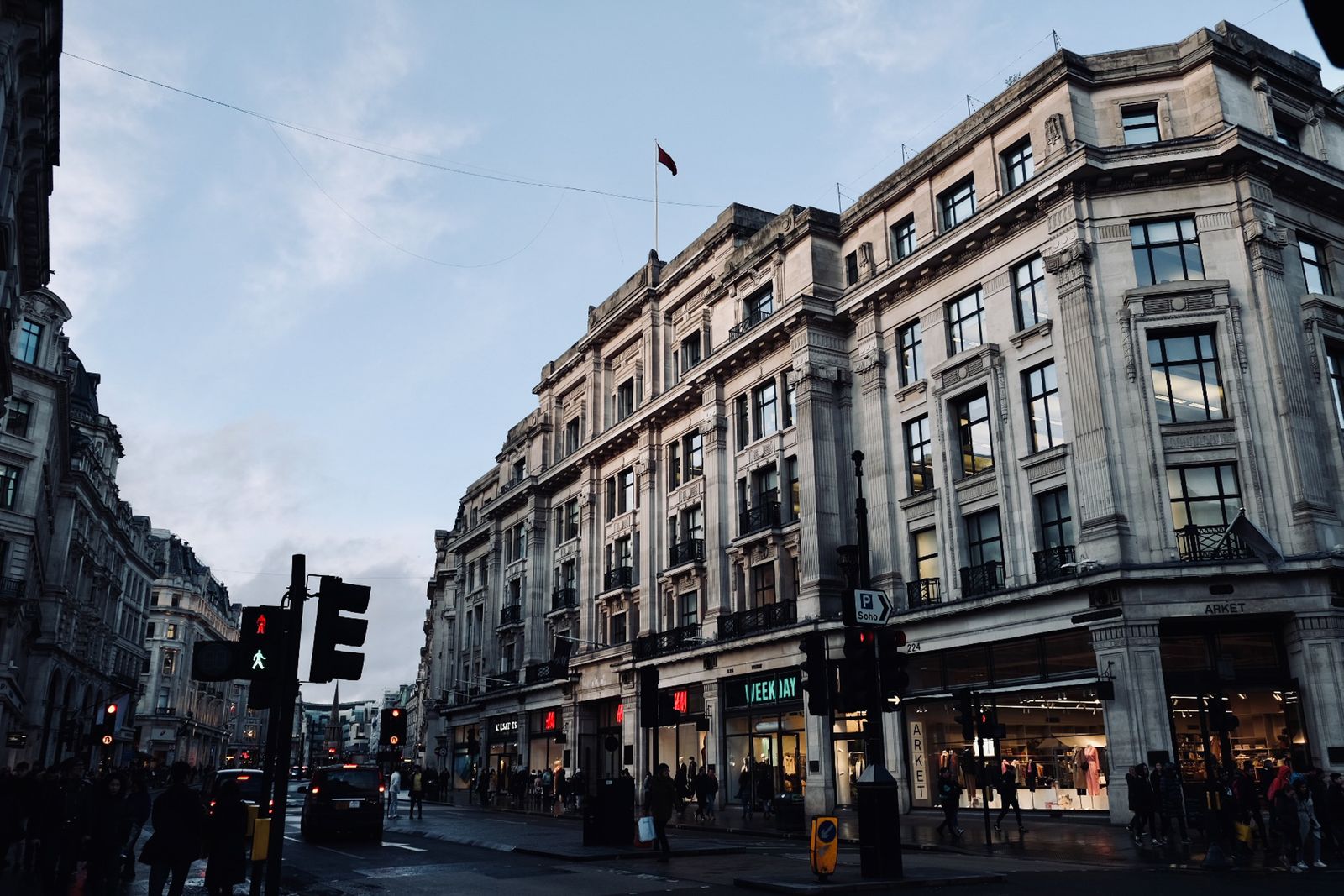 Oxford Street in London, lined with shops.